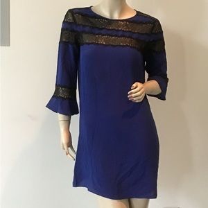 Rebecca Taylor Cobalt Blue Black 100% Silk Lace Trumpet‎ Sleeve Dress 4